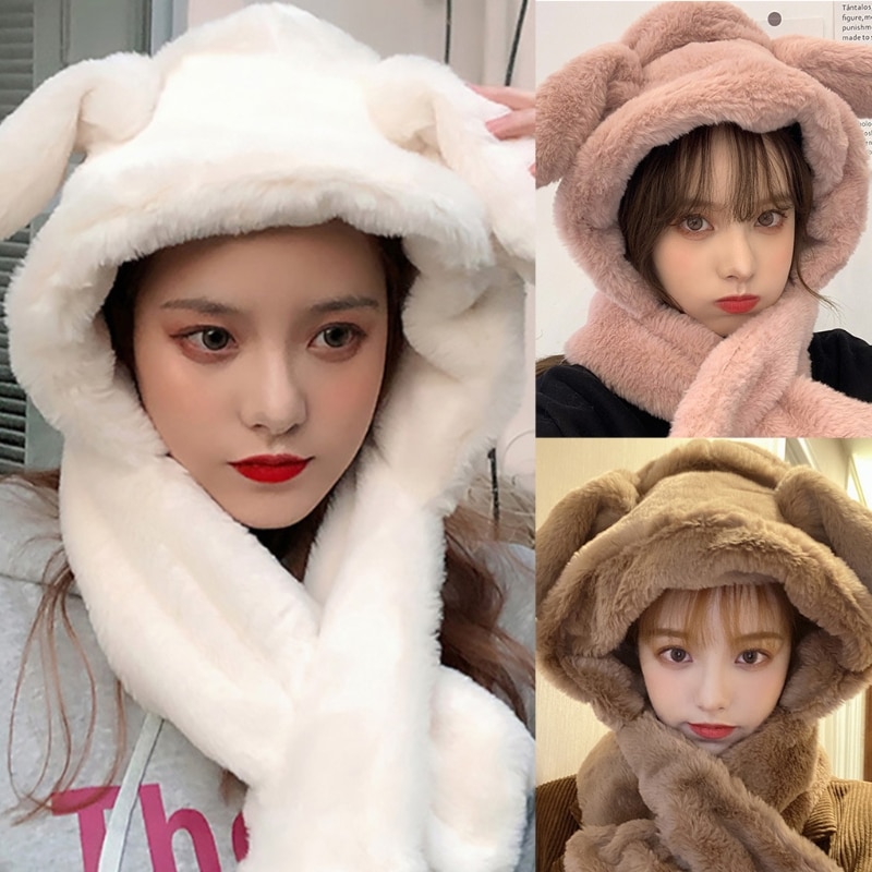Bunny Fluffy Plush Earflap Hat with Moving Rabbit Ears Warm Beanie Cap ...
