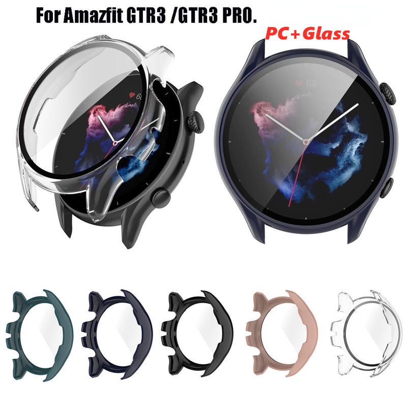 PC เคสป้องกัน + กระจกนิรภัยป้องกันหน้าจอสําหรับ Huami Amazfit GTR 3 Pro ฝาครอบสมาร์ทนาฬิกากันชนสําหร