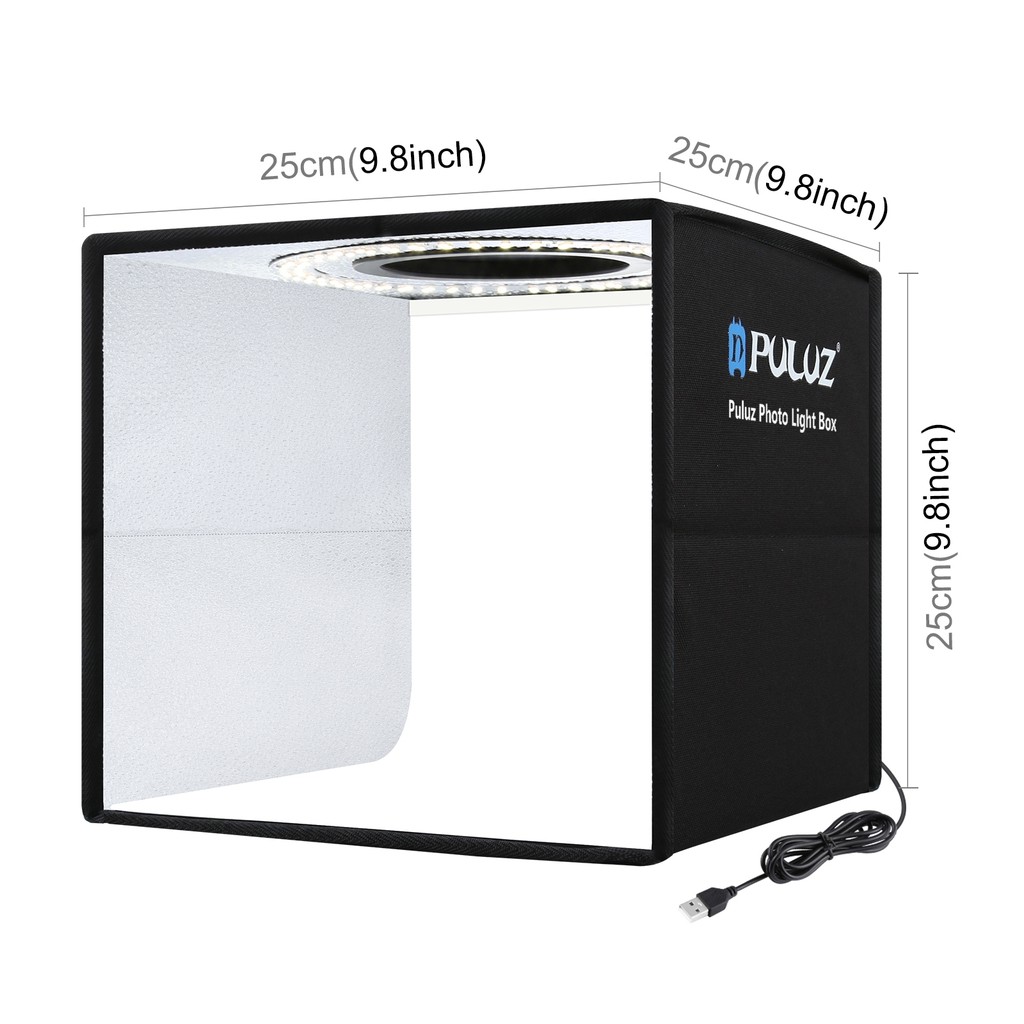 PULUZ 25CM กล่องไฟถ่ายภาพ สตูดิโอถ่ายภาพ กล่องถ่ายรูปสินค้า กล่องสำหรับถ่ายภาพ พร้อมไฟ LED ปรับไฟได้ พร้อมฉากหลัง12สี