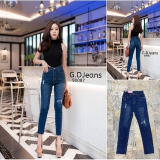 G.D.Jeans รุ่น 90087#กางเกงยีนส์แฟชั่นขายาวผ้ายืดสีเข้มทรงกระบอกเล็กแปะผ้าสะกิดขาด