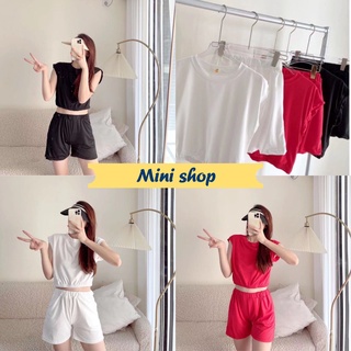 Mini shop🌸พร้อมส่ง🌸 (DX-9365) ชุดเซ็ท เสื้อครอปคอกลมสีพื้น+กางเกงขาสั้นเรียบๆใส่สบาย 06