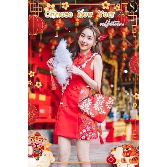 🧧ชุดตรุษจีน ป้าย8 เดรสกี่เพ้า ตัดต่อผ้าไหมจีนลายดอก+กระดุมจีนปักเลื่อม น่ารัก ผ้าเนื้อดีมาก ซับในทั้