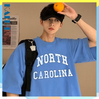 เสื้อยืดโอเวอร์ไซส์เสื้อยืด ผ้าฝ้าย ทรงหลวม พิมพ์ลายตัวอักษร North Carolina ขนาดใหญ่ สีฟ้า สําหรับผู้ชายS-3XL