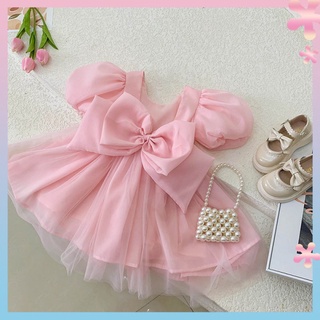 Girls dress summer 2022 new western style yarn dress big bow short sleeve princess dress for baby girl Summer