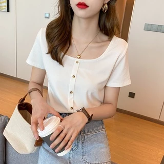 Korean version of the new lady retro French T-shirt square collar short sleeves
