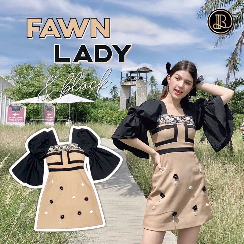 📌มือ1 ป้ายห้อย🎉BLT Brand เดรสแขนตุ๊กตา ต่อระบาย คอเหลี่ยม สีLatte ตัดดำ แต่งผ้าลูกไม้