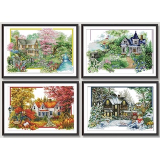 (เซต 4 ชิ้น) ชุดปักครอสติช บ้าน 4 ฤดู, บ้านและสวน (Four seasons Cross stitch kit)