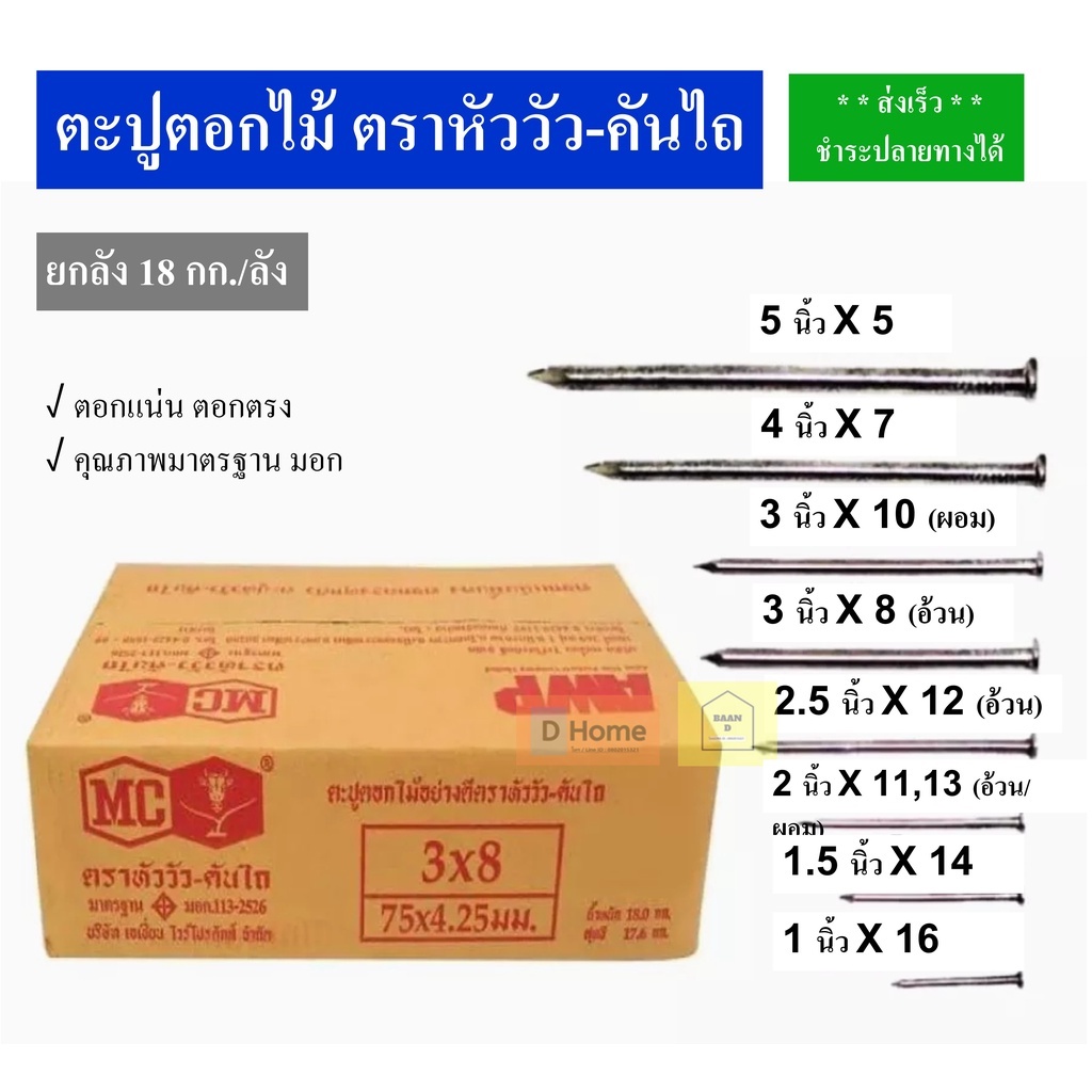 ตะปูตอกไม้ (ยกลัง) หัววัว-คันไถ (18 กก./ลัง)