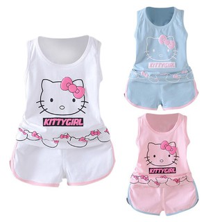 เสื้อกั๊กลาย Hello Kitty + กางเกงขาสั้น 2 ชิ้นสำหรับเด็ก