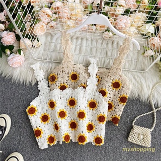 Ivy เสื้อครอปแขนกุด ผ้าถักโครเชต์ ปักลายดอกทานตะวัน สไตล์วินเทจ สําหรับผู้หญิง