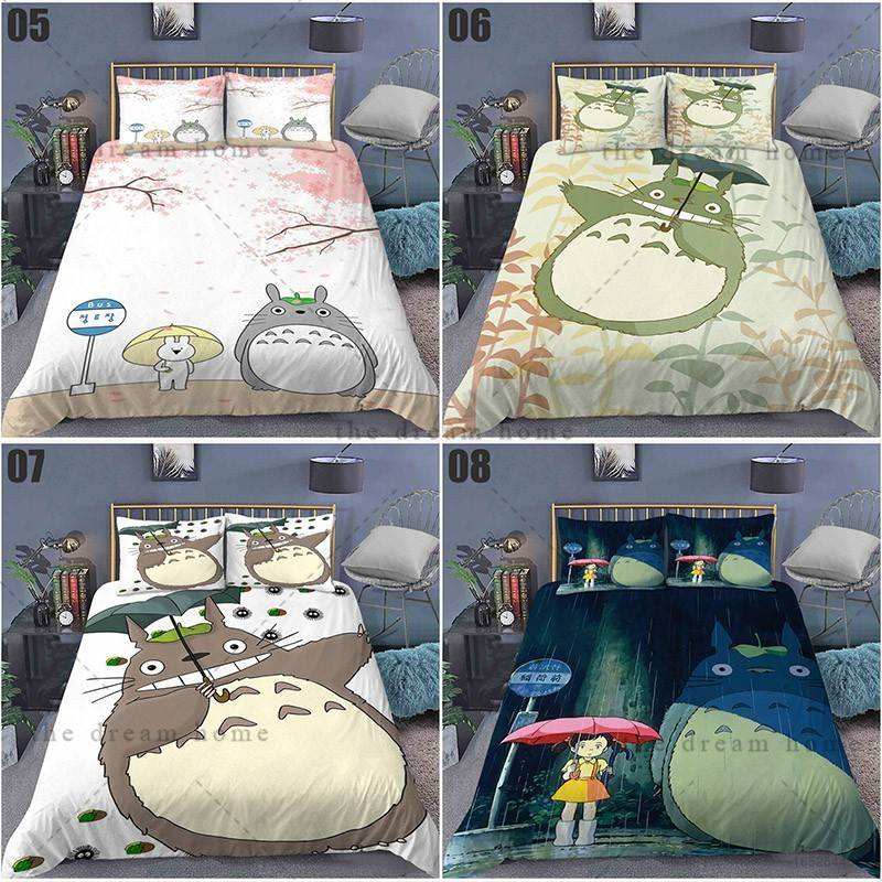 3in1 ชุดเครื่องนอน ผ้าปูที่นอน ปลอกหมอน ผ้าห่ม ลายการ์ตูน Totoro ล้างทําความสะอาดได้ สําหรับบ้าน