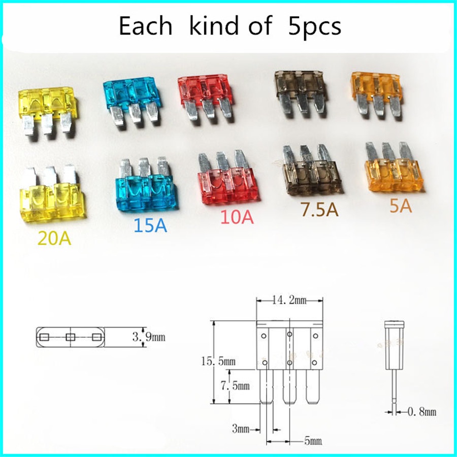 25 ชิ้น Micro3 ฟิวส์ 3 Pins PEC รถยนต์ฟิวส์ 5A 7.5A 10A 15A 20A Universal