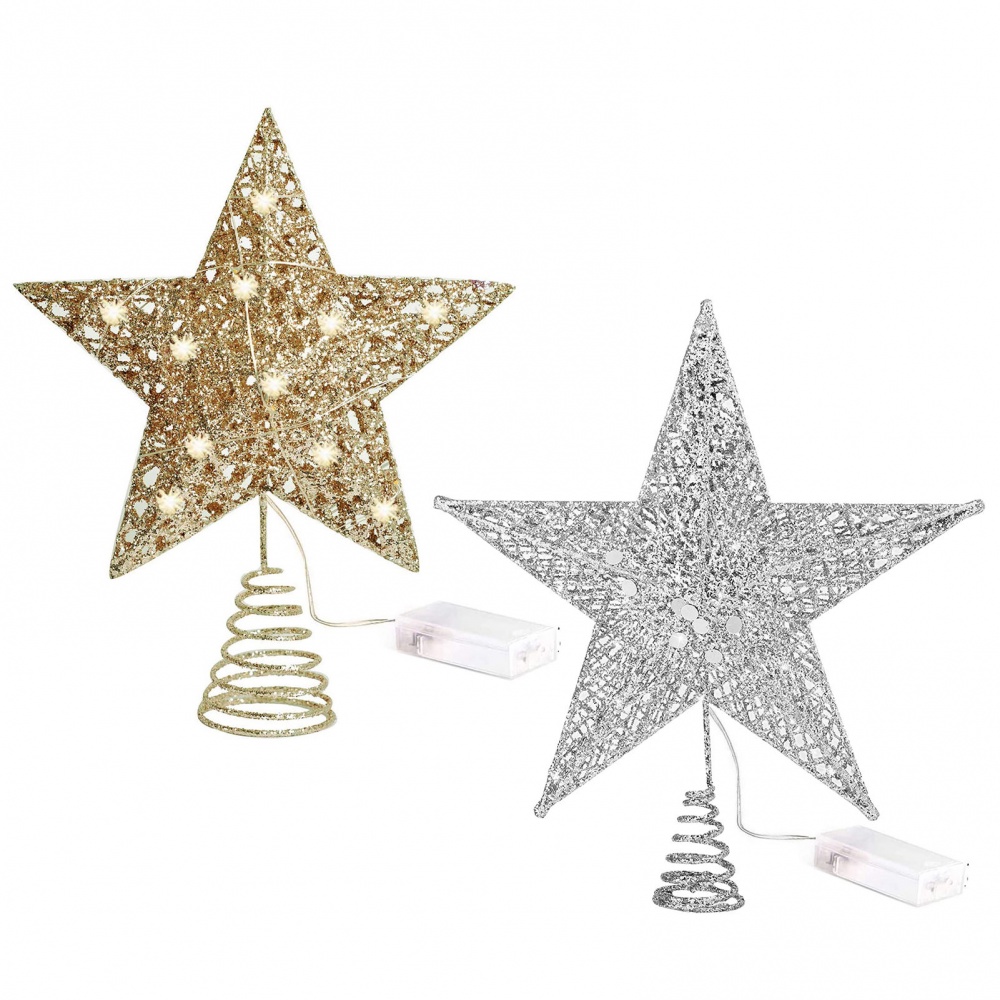 ต้นคริสต์มาส Topper ตกแต่งคริสต์มาส Gold Glitter Christmas Tree Top Iron Star พร้อมไฟ LED เครื่องประดับต้นคริสต์มาสตกแต่งปาร์ตี้