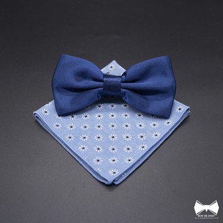 เซ็ทหูกระต่ายน้ำเงิน + ผ้าเช็ดหน้าสูทวูล-Blue Bowtie + Wool Pocket square