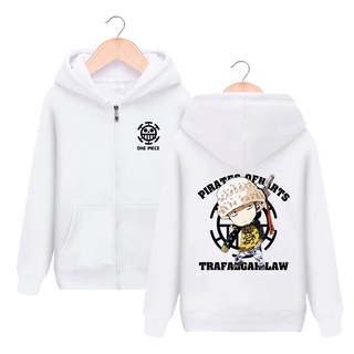 เสื้อฮู้ดดี้ ผ้าฝ้าย แบบสวมหัว แต่งซิป ลายการ์ตูนอนิเมะ One Piece Trafalgar Law สําหรับผู้ชาย