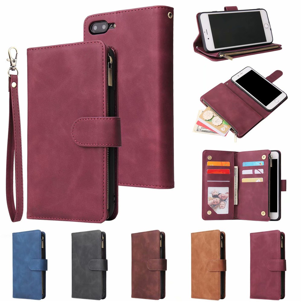 เคส Flip Case for iPhone 16 Pro Max 15 14 Plus 13 12 Mini 11 Pro Retro PU Leather Zipper Wallet With Multi Card Slots Photo Holder Hand Strap Lanyard Soft TPU Shell Phone Casing เคส ฝาพับหนัง ซิป เคสมีแม่เหล็ก
