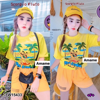 TW15433 Set 2 ชิ้น เสื้อยืดแขนสั้น ผ้าคอตตอนสกรีนลายกราฟฟิก มาพร้อมกางเกงขาสั้นผ้าตอน สวมใส่เข้าชุด ทรงสวย