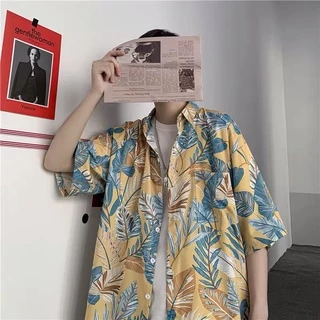 Knowyouเสื้อเชิ้ต ฮาวาย สีเขียว-ฟ้า แขนสั้น ชาย หญิง สไตล์เกาหลี เสื้อฮาวาย ผ้านิ่ม ใส่สบาย