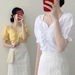 (S-XL) เสื้อแฟชั่น คอวี จั๊มกลางอก แขนตุ๊กตา #2997