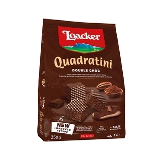 Loacker Quadratini Double Choc ล็อคเกอร์ ควอดราตินี ดับเบิ้ล ช็อก เวเฟอร์รสโกโก้สอดไส้ครีมช็อกโกแลต 250 กรัม