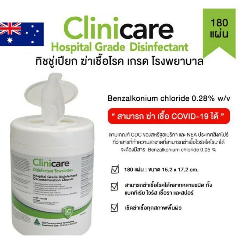 Clinicare ทิชชู่เปียก เอนกประสงค์ ฆ่าเชื้อโรค 180 แผ่น/กระปุก