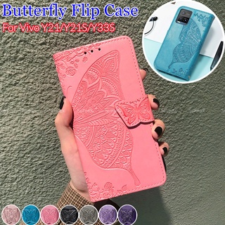 เคสโทรศัพท์กระเป๋าสตางค์สำหรับ วีโว่ Vivo Y21 Y21s Y33s Y 21 S 21S 33S VIVOY21 VIVOY21S VIVOY33S V2111 V2110 V2109 5G Flip Phone Case เคสขาตั้ง เคสกันกระแทกผีเสื้อ หนังพลิกปก เคสคู่รักที่สวยงาม