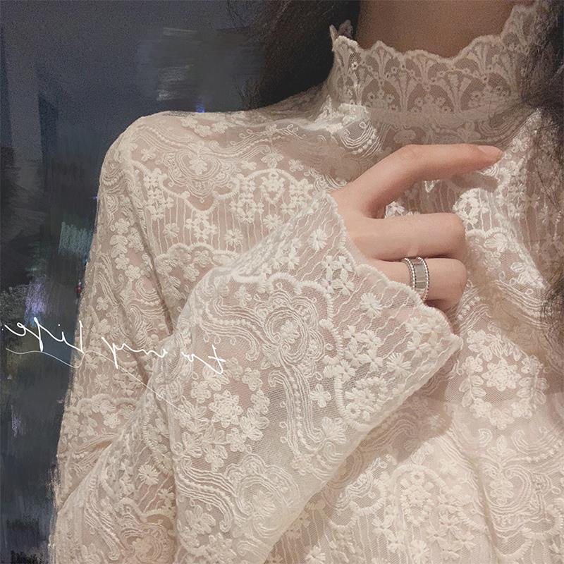 Ielgy เสื้อลูกไม้ปักคอเต่าครึ่งตัวซุปเปอร์นางฟ้าเส้นด้ายสุทธิ bottoming top