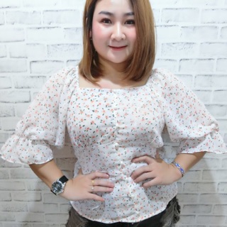 เสื้อคอเหลี่ยมผ้าชีฟองจ้า กระดุมแต่งด้านหน้า