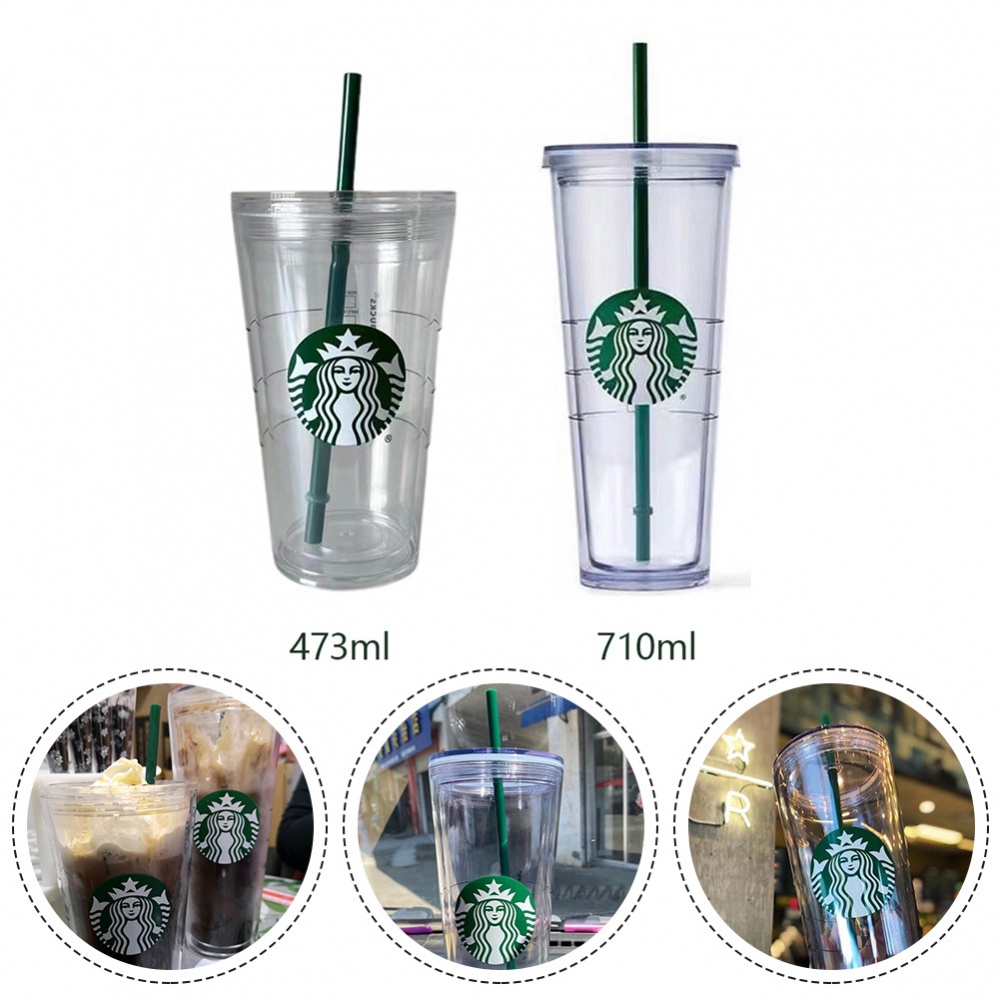 แก้วน้ำพลาสติกใส ลาย Starbucks แบบสองชั้น พร้อมหลอดดูด