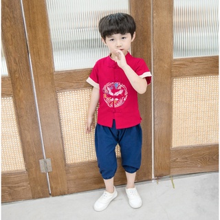 ชุดตรุษจีนเด็ก ชุดจีนเด็ก เสื้อคอจีนแขนสั้น ปักนก สีแดง พร้อมกางเกง สีกรม