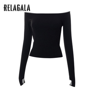 Relagala เสื้อยืด แขนยาว ทรงสลิมฟิต สีพื้น แฟชั่นสําหรับผู้หญิง