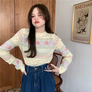 พร้อมส่ง🔥 เสื้อเชิ้ตพิมพ์ลายเกาหลี ผ้าถัก คอกลม ทรงหลวม เสื้อแขนยาวทรงหลวม