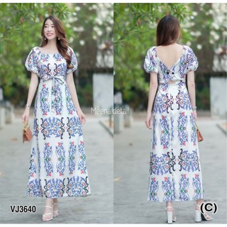 Maxi dress  ลายดอกกราฟฟิค แขนตุ๊กตา