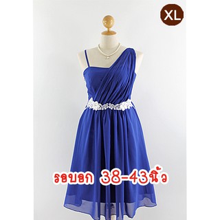 E2182-2-XL-ชุดราตรีคนอ้วน สีน้ำเงิน ผ้าชีฟอง บ่าเดียวเฉียง ประดับลูกไม้ขาวดอกลอยใต้อก