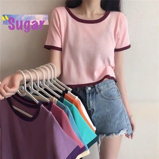 Sugar 🌈พร้อมส่ง🌈เสื้อยืดคอกลม แขนสั้น เสื้อผู้หญิง ผ้าไหมพรม เนื้อผ้าใส่สบาย(3010)