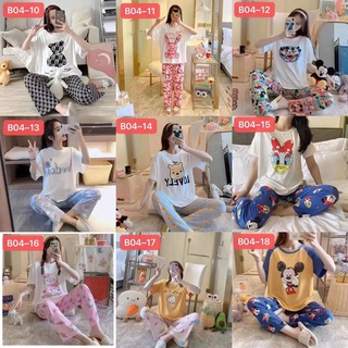 👗พร้อมส่ง B04-ชุดนอนพิมพ์ลายการ์ตูน เสื้อยืดคอกลม+กางเกง ชุดนอนลายการ์ตูน👗