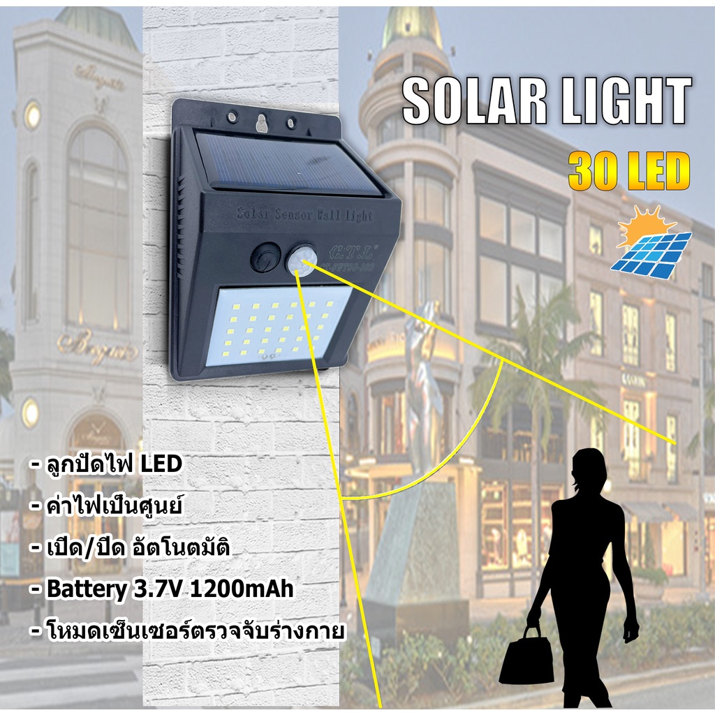 Solar led wall light 30led ไฟติดผนังโซล่าเซลล์พลังงานแสงอาทิตย์ ไฟแอลอีดี ไฟเล็กติดกำแพง