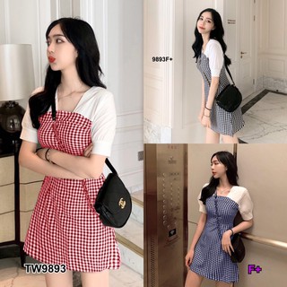 👗Pfashion [ส่งไว!!🚛] P9893 เดรสคอเหลี่ยมลายสกก็อต  Square neck plaid dress