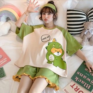 YJ shop9🌈 ชุดลำลอง ชุดนอนไดโนกรีน🦕 ชุดอยู่บ้าน เซ็ทเสื้อกางเกง ขาว เขียว กางเกงขาสั้น เสื้อแขนสั้น ชุดแฟชั่น✨