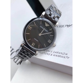 AR1487 ขนาด  32mm Womens Retro  Black Ceramic Analog Quartz Watch with Silver Dial.