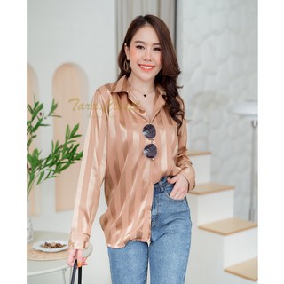 SATIN006 TARA Shirt Brown เสื้อเชิ้ต คอปก ผ้าซาติน สีน้ำตาล สกัดร่องลายทั้งตัว ผ้าดี ใส่สบาย ไม่ร้อน ดีเทลเก๋ๆ เสื้อสวย