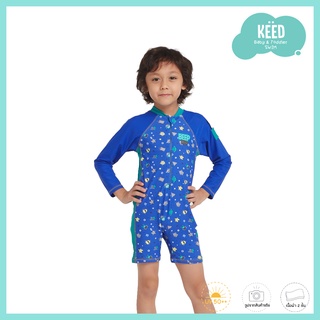 KĖĖD : ชุดว่ายน้ำเด็กซันสกรีนแขนสามส่วน สกรีนผ้าลายหุ่นยนต์สีน้ำเงิน ช่วยปกป้องผิวจากแสงแดดRobot Sun Protective Suit Lon