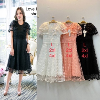 เดรสลูกไม้ดำ!!! L-4XL Dress เดรสสีดำผ้าปักลายแขนระบาย2ชั้น งานป้าย Love love