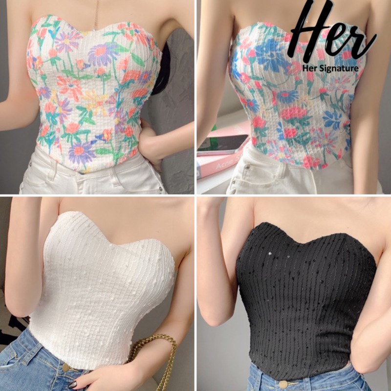 SALE/พร้อมส่ง4สี เกาะอกมีฟองน้ำ เกาะอกลายดอก ครอปรัดรูป ครอปสายเดี่ยว เสื้อไปคาเฟ่ เสื้อไปทะเล สายเดี่ยวสีขาว 3839