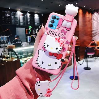 สำหรับ OPPO Reno5 การ์ตูนน่ารักคิตตี้มือถือเคสโทรศัพท์ที่สวยหรูซิลิโคนนุ่มพร้อมสายคล้องแบบยึดขาตั้ง