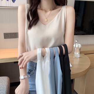 แฟชั่นสตรีเสื้อกล้ามผ้าชีฟองคอวีทรงหลวมเซ็กซี่