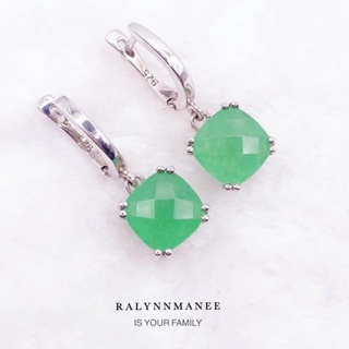 L6435 ต่างหูพลอยอเวนเจอรีนแท้ ( Aventurine ) แบบอิงลิชล็อค ตัวเรือนเงินแท้ 925 ชุบทองคำขาว