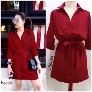 Collar dress เดรสแขนสามส่วน คอปก จับจีบช่วงอก minimal style