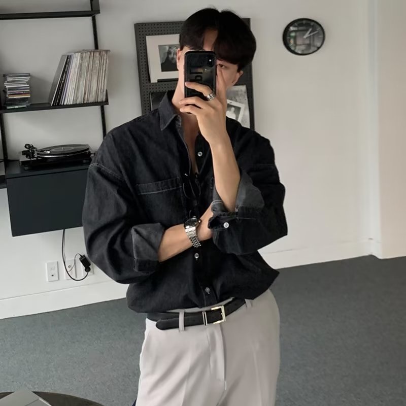 เสื้อยีนส์ผู้ชายแจ๊กเก็ตสไตล์ฤดูร้อนบางเวอร์ชั่นเกาหลีอินเทรนด์สบายๆหลวมทุกการแข่งขันปกเสื้อเชิ้ตแขนยาวเสื้อผ้าผู้ชาย