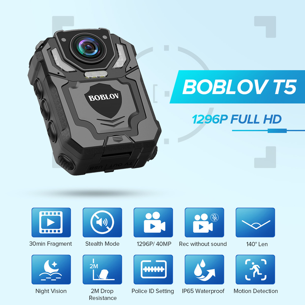 Boblov T5 1296P Body Camera Night Vision และเสียงบันทึกสวมใส่กล้องตํารวจสําหรับการจัดการกฎหมาย, Night Vision, Loop Recording, พร้อมของขวัญ
